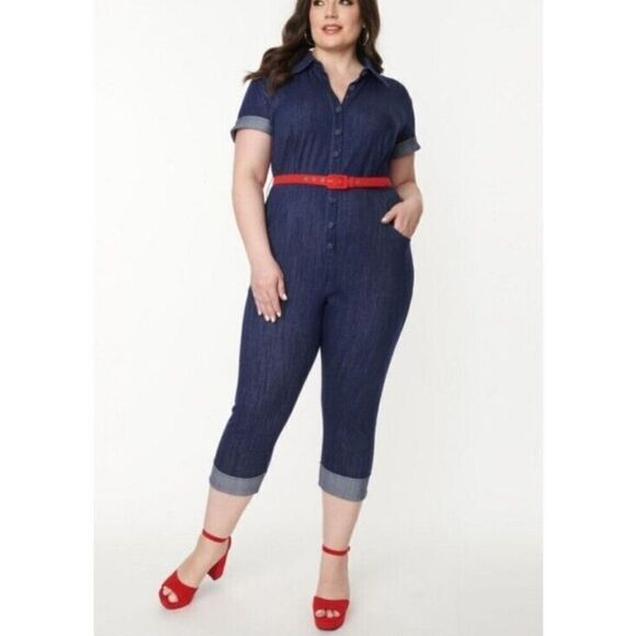 Unique Vintage Denim Jumpsuit MediumButton Front Belted Short Sleeve Stretchy